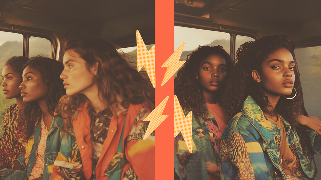 Group of women wearing colorful O'Guiri Guiri clothing blending African-inspired patterns with modern urban style, sitting in a vintage vehicle with a bold, artistic overlay.